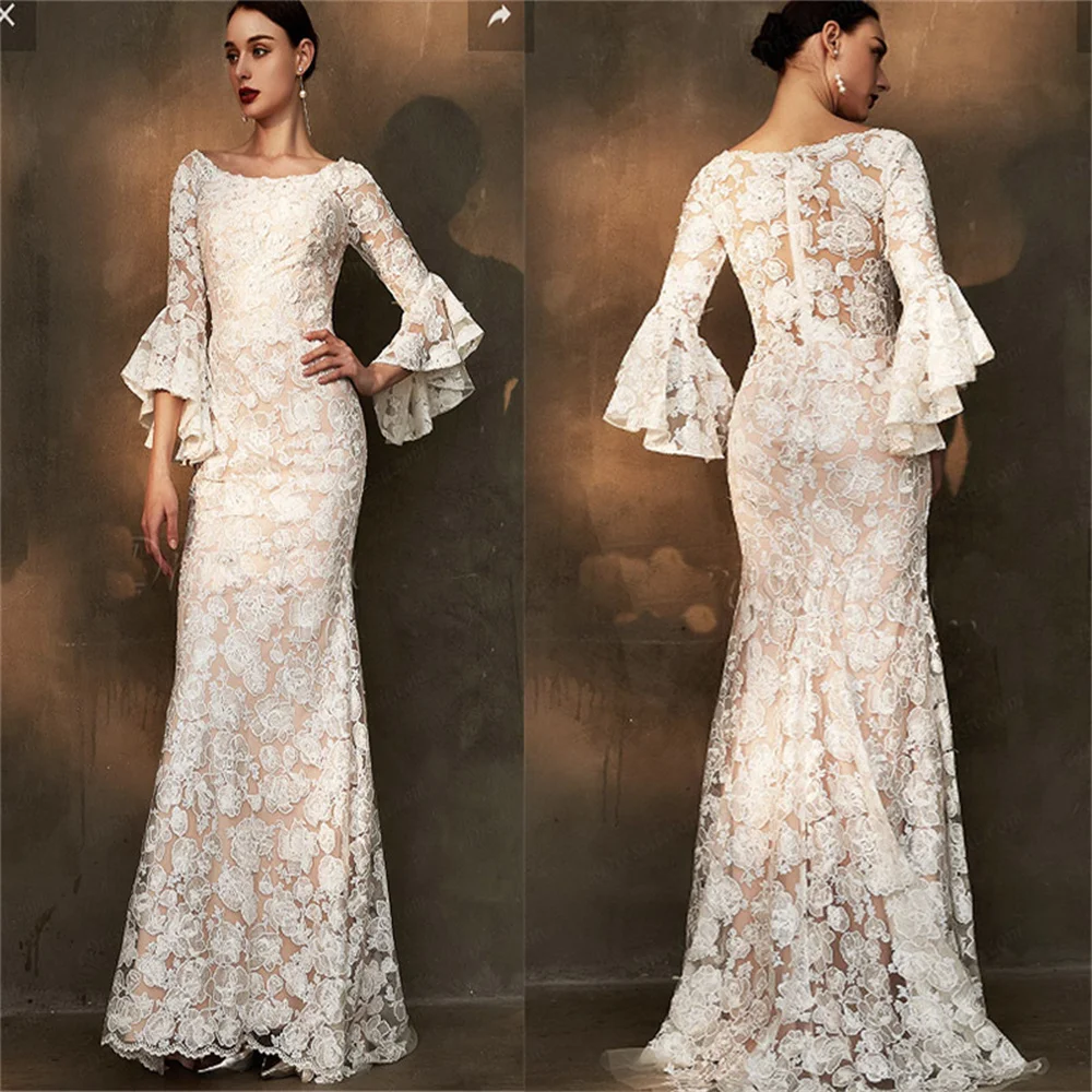 Women Elegant Lace-up Wedding Dress Tulle Crew Neck Long Flare Sleeve Prom Party Dress Sexy Hollow Mermaid Evening Dresses