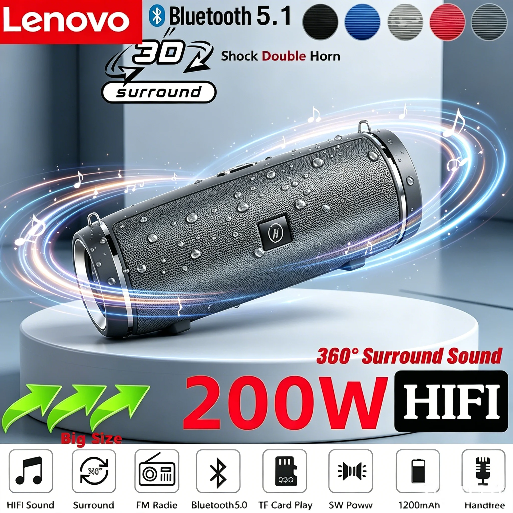 Фото Портативная Bluetooth-колонка Lenovo Outdoor IPX7, водонепроницаемая, 200 Вт, HIFI, стерео сабвуфер, FM-радио, TF, Boom Box №1
