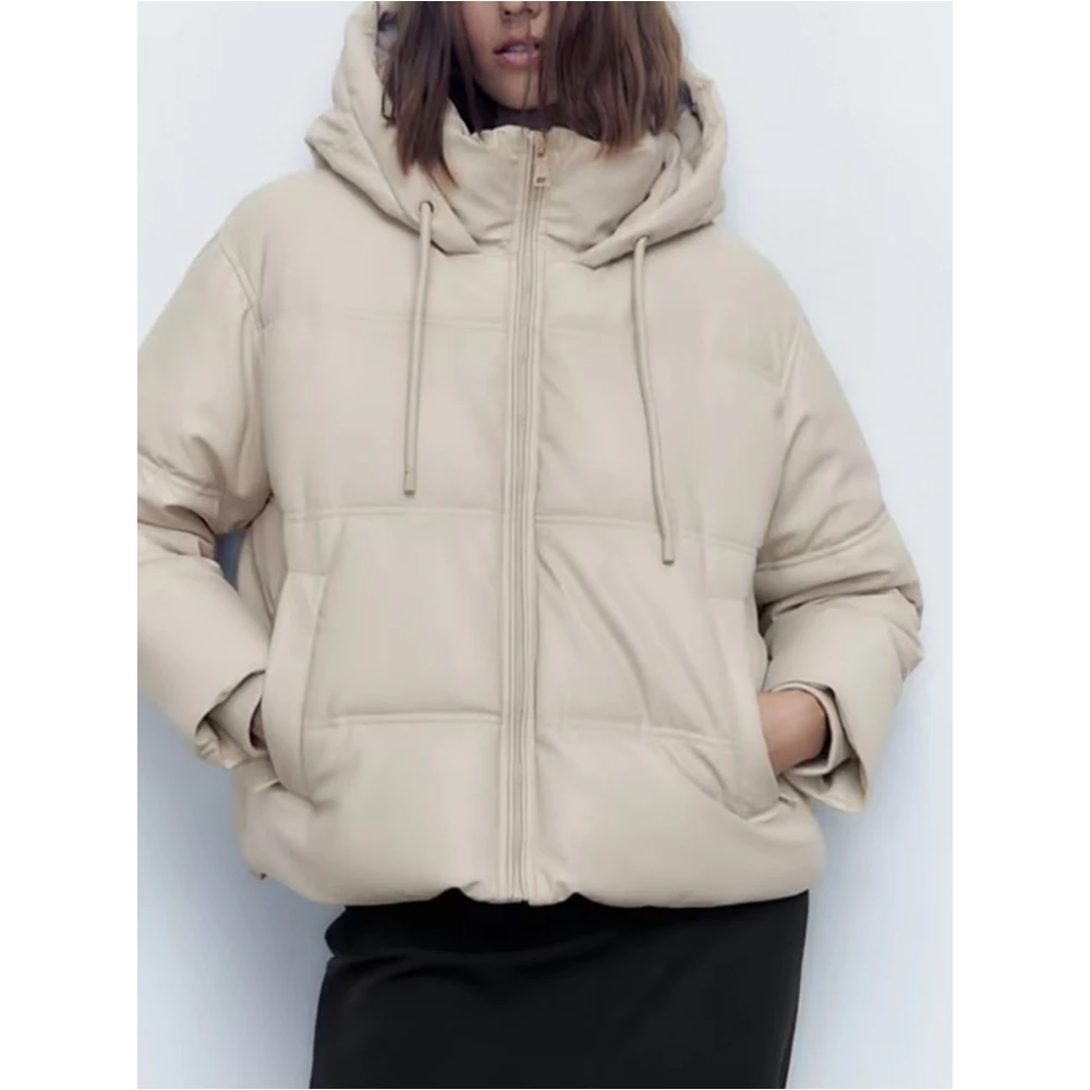 2023 Women Padded Jacket Faux PU Leather Winter Warm Loose Hooded Pocket Fashion Vintage Thick Quilted Parkas Girl Outerwear Top