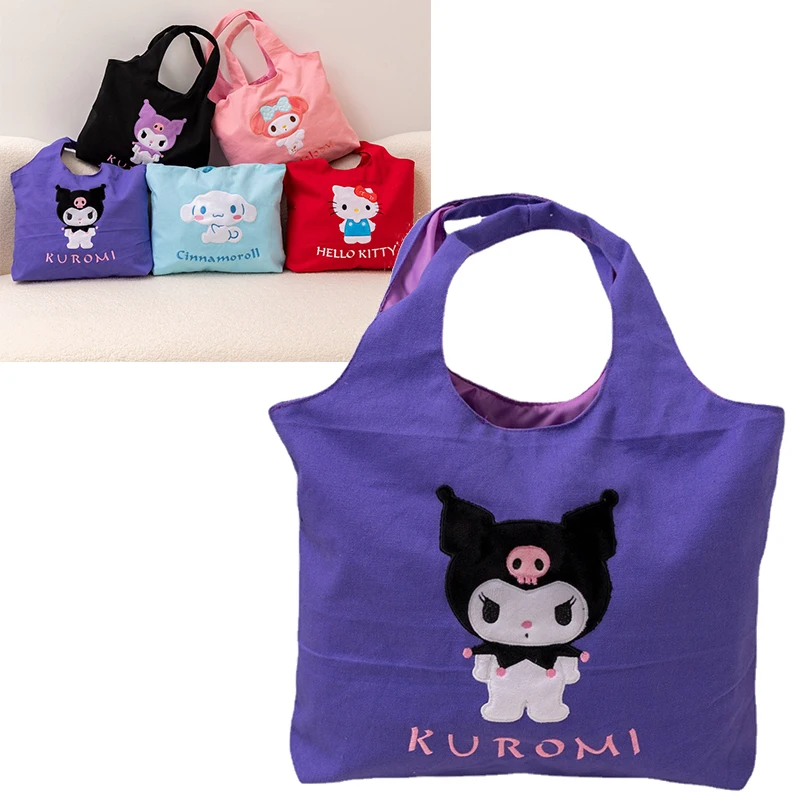 

Симпатичная Холщовая Сумка-тоут с аниме Kawaii Kt Cat Kuromi My Melody Cinnamoroll, эко-сумка, Милая женская сумка через плечо с сердцем, модная сумка-тоут, сумка