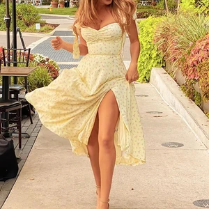 Summer Spring Floral Dress Womens Sexy Casual Fashion Sundress Midi Slip Backless Pleated Slit White Yellow Lace-up Flowers