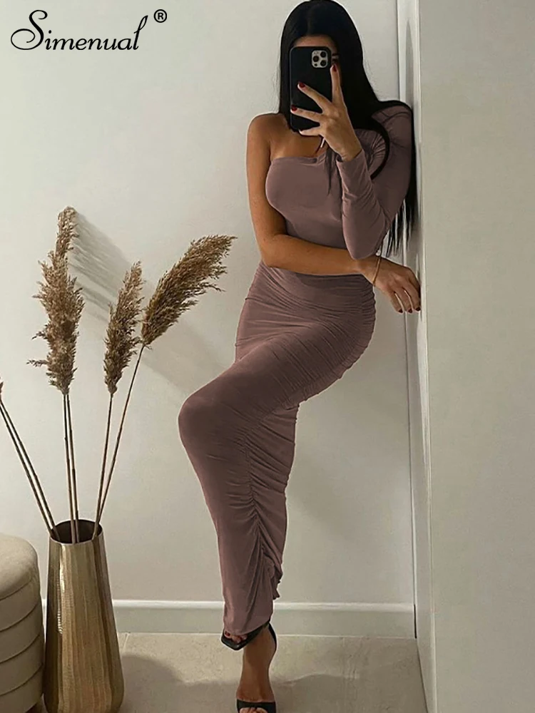 

Simenual Women One Shoulder Midi Dresses 2022 Elegant Sexy Backless Slim Fit Solid Robe Party Bar Clubwear Female Clothing New