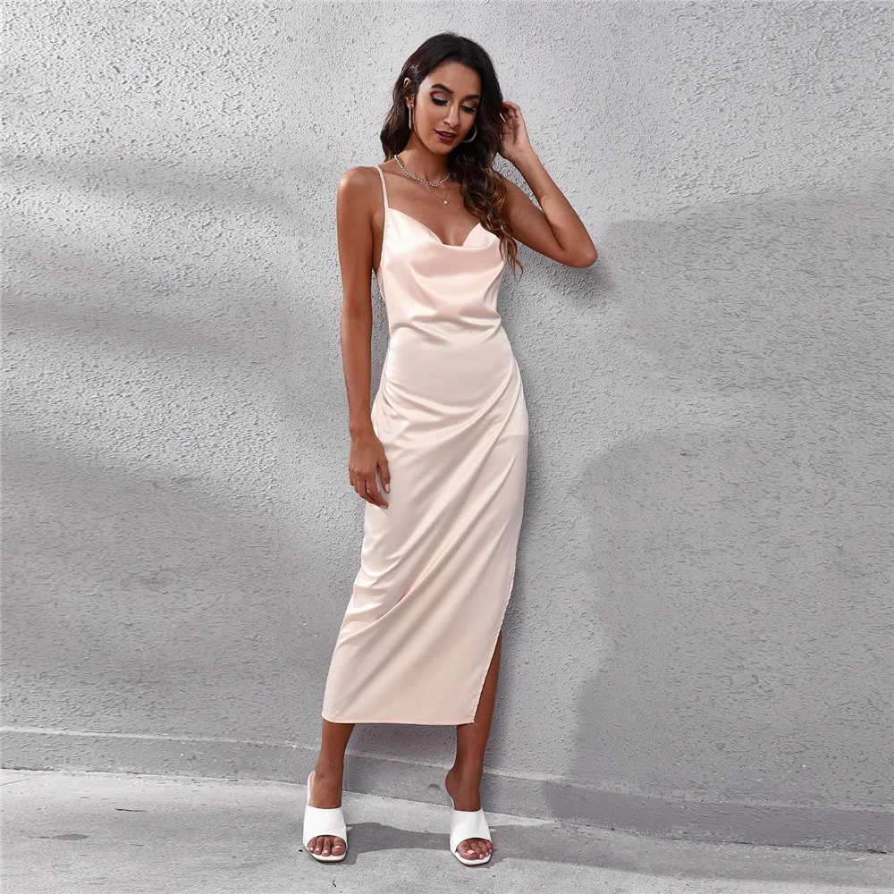 

Summer Women Satin Spaghetti Strap Long Dress Elegant Solid Color Side Split Sleeveless Backless Tie-Up Evening Party Dress