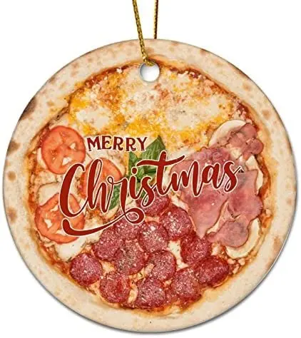 

Round Ceramic Christmas Ornament Merry Christmas Pizza Snack Food Decorative Hanging Ornament