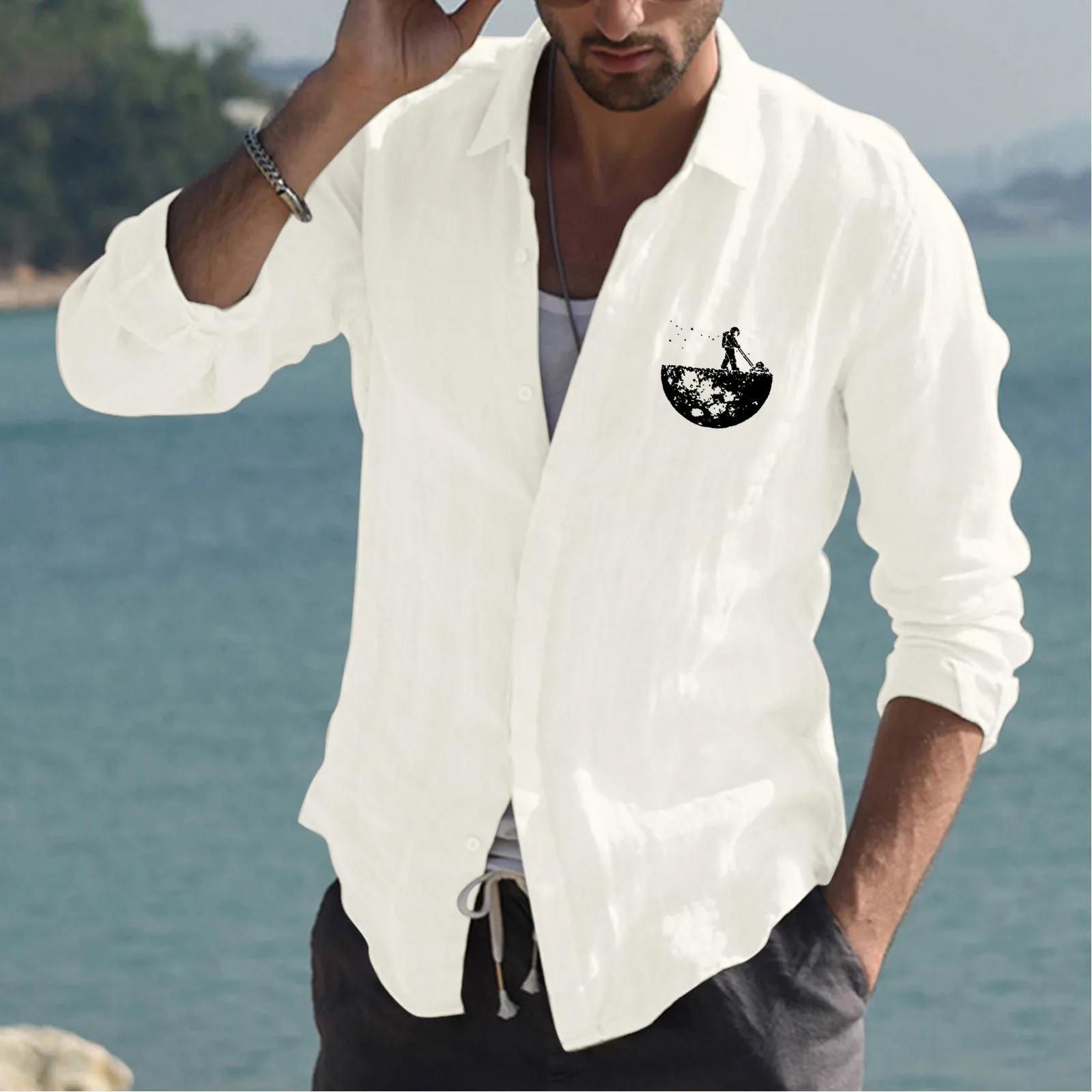 

Shirt Collar Jumpsuit Mens Fashion Casual Simple Cotton And Linen Small Print Lapel T Shirt Long Sleeve Shirt Order Shirts