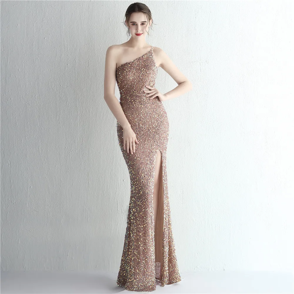 Handmade Beaded One Shoulder Suspender Celebrity Banquet Slit Long Sequin Aura Queen Dinner Fishtail Skirt