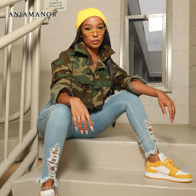 

ANJAMANOR Camouflage Cropped Jacket Fashion 2023 Autumn Clothes Women Button Up Short Coat Streetwear Casual Cardigan D43-EB35