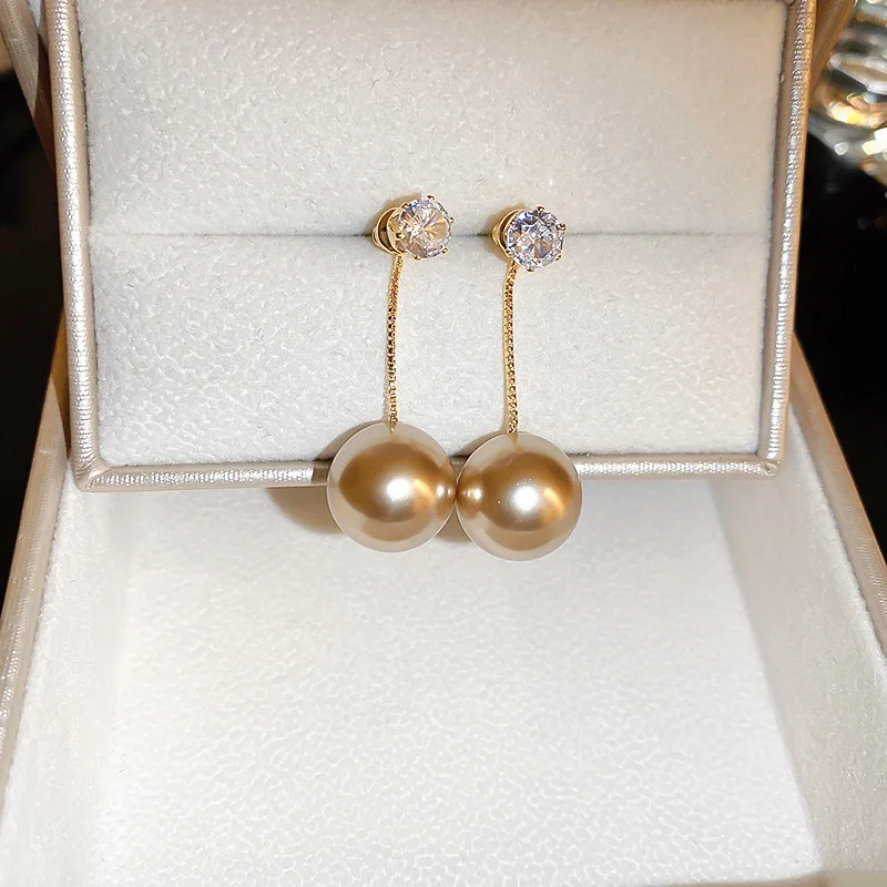 

New Simple Shiny Zirconia Champagne Pearl Drop Earrings For Women