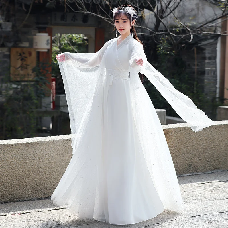 

Белое длинное платье Hanfu, костюм для народных танцев, традиционный китайский национальный стиль, Ранняя принцесса, сценические наряды
