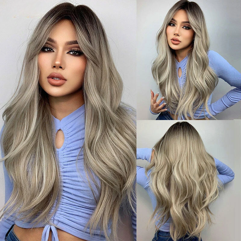 Женские длинные волнистые парики с темными корнями