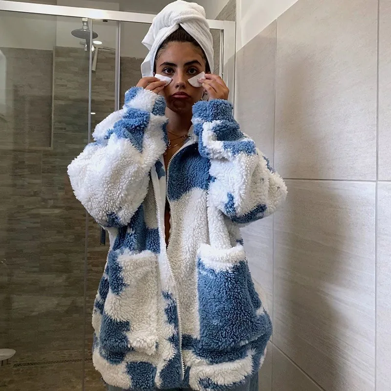 

Jacket Coat Autumn 2022 Tie Dye Long Sleeve Lamb Fleece Zipper Lapel Pocket Top Jacket Women