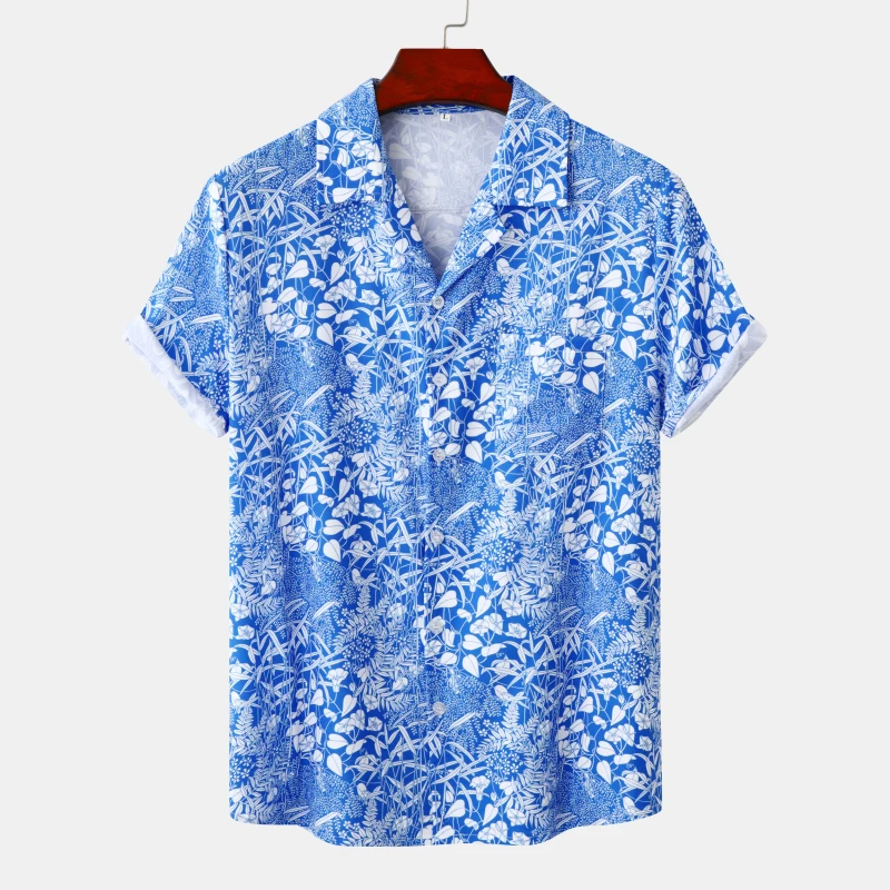 

Мужская рубашка из полиэстера, с отложным воротником и короткими рукавами, на пуговицах, В гавайском стиле, на лето