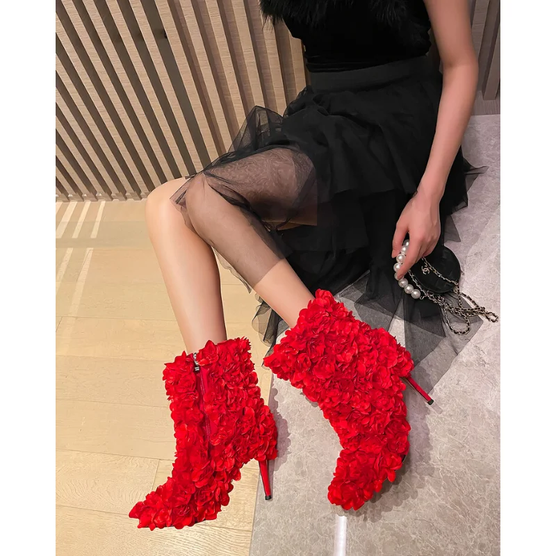 European and American Flower Red and Black New High Heeled Leather Slim Heeled Women's Boots with Zipper and Ankle Short Boots