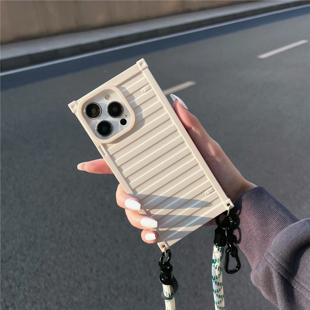 

Fashion strap lanyard square Box Case for iPhone 14 13 12 11 Pro Max 3D Design Shockproof Protective Cover