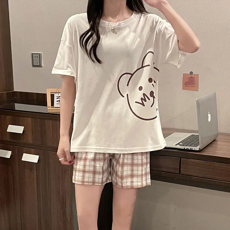 CAIYIER Summer Cotton Women Pajamas Set O-Neck Short Sleeve Shorts Leisure Nightwear Cute Cartoon Print Korean Girls Nightwear