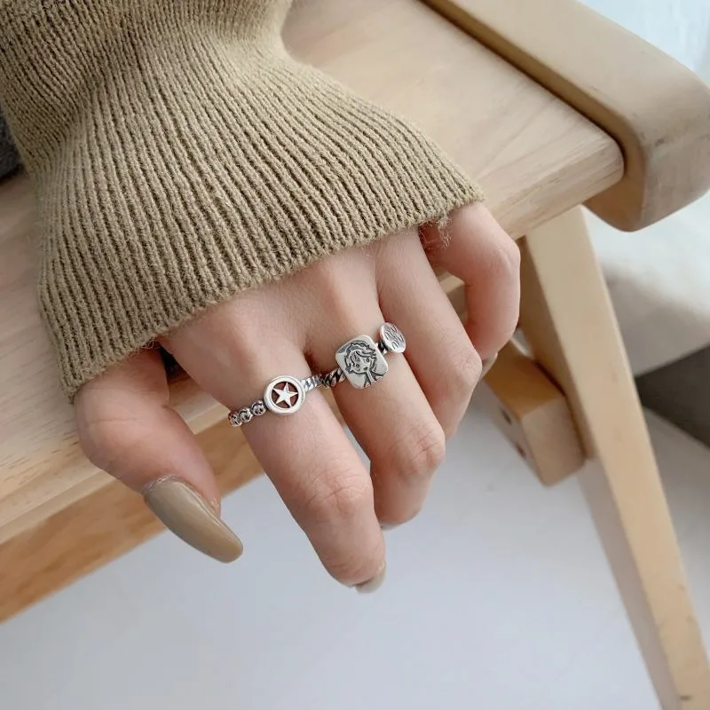

Weiyue retro fashion s925 sterling silver girl portrait chain open ring female pentagram wedding party index finger ring jewelry