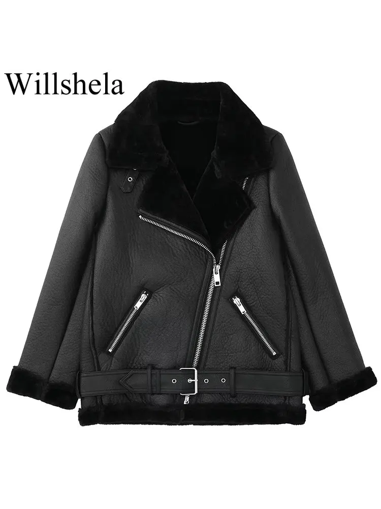 Willshela Women Fashion PU Faux Leather Front Zipper Jackets Vintage Long Sleeves Lapel Neck Female Chic Lady Outfits