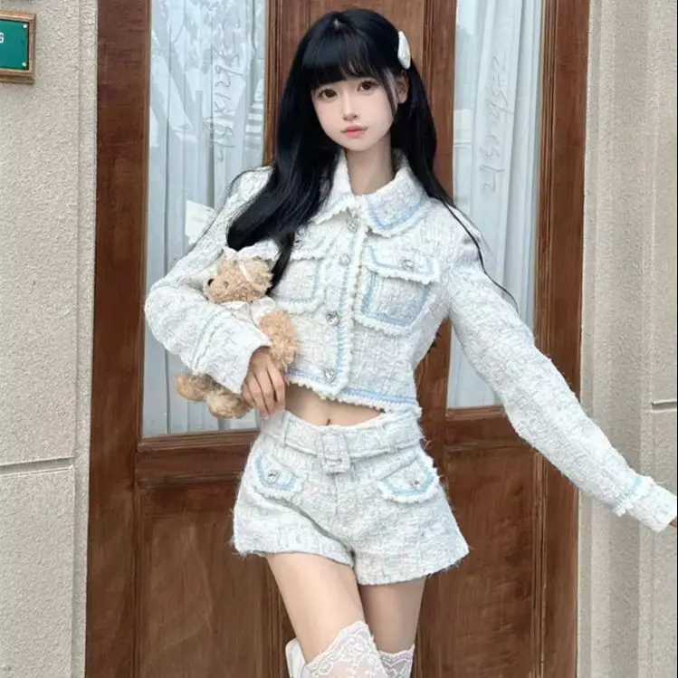 Корейский маленький ароматный стиль твидовая куртка с длинными рукавами шорты