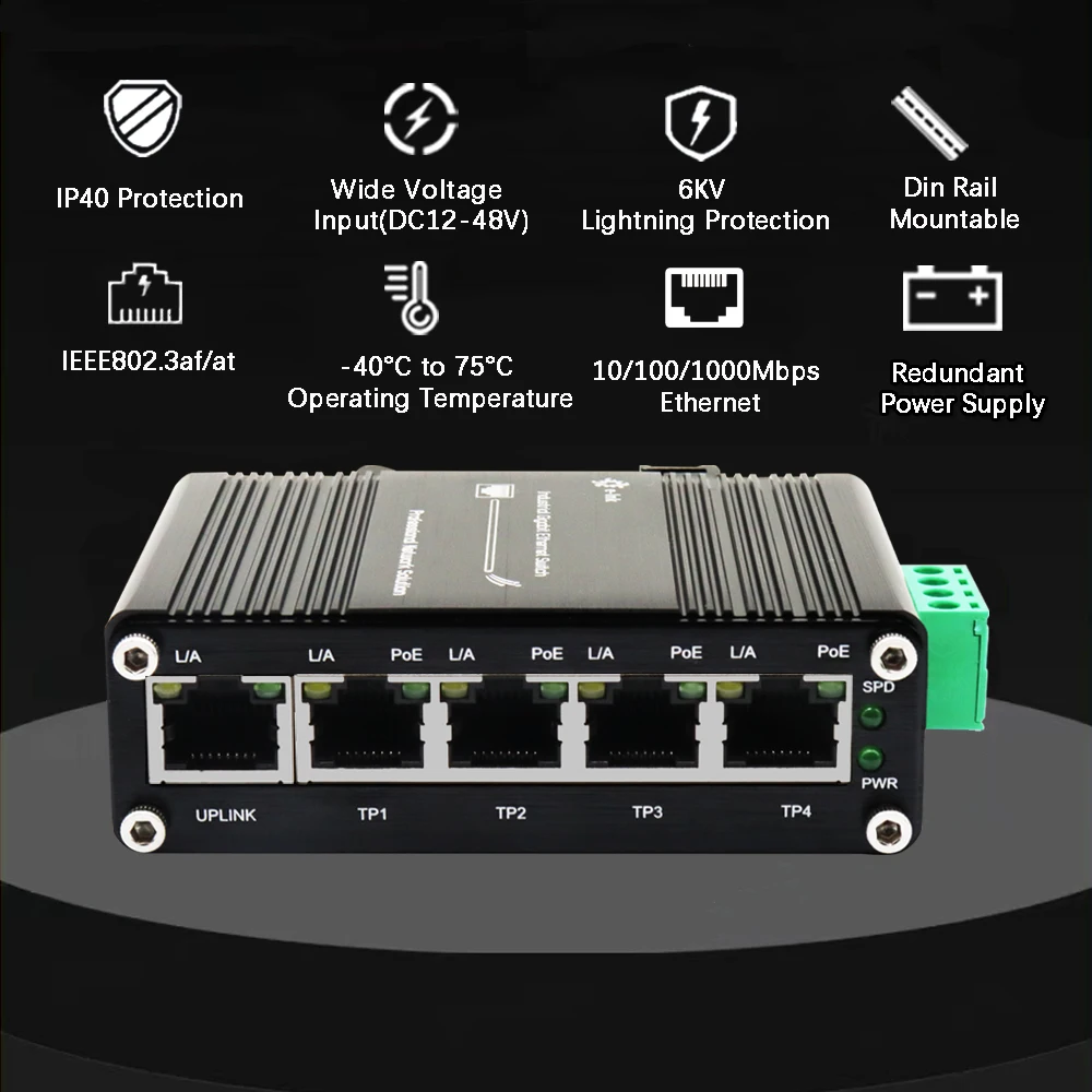 Промышленный 5-портовый Gigabit Ethernet (POE)/4 RJ45 1000 Мбит/с (POE) сетевой коммутатор с портом