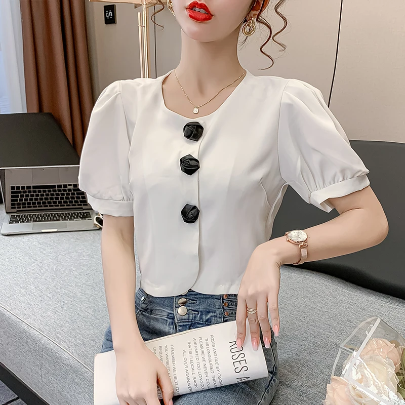 

Белая блузка, черная, розовая, белая рубашка на пуговицах с 3D эффектом, Новинка лета 2022, дизайнерские Короткие топы с обратной застежкой, офи...