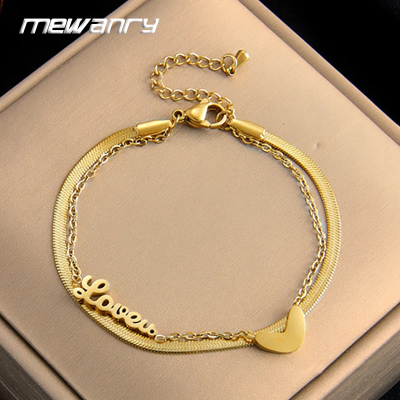 Двухслойная цепочка Mewanry 316L из нержавеющей стали, браслет с буквами для женщин, простое креативное геометрическое украшение с любовным сердцем, подарки