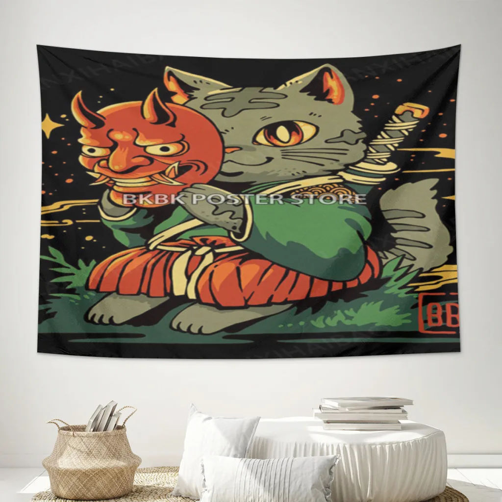

Samurai-Cat-and-Ramen-Hanging Cloth Background Fabric Ins Girl Room Decoration Dormitory Bedroom Wall Bedspread Cloth tapestry