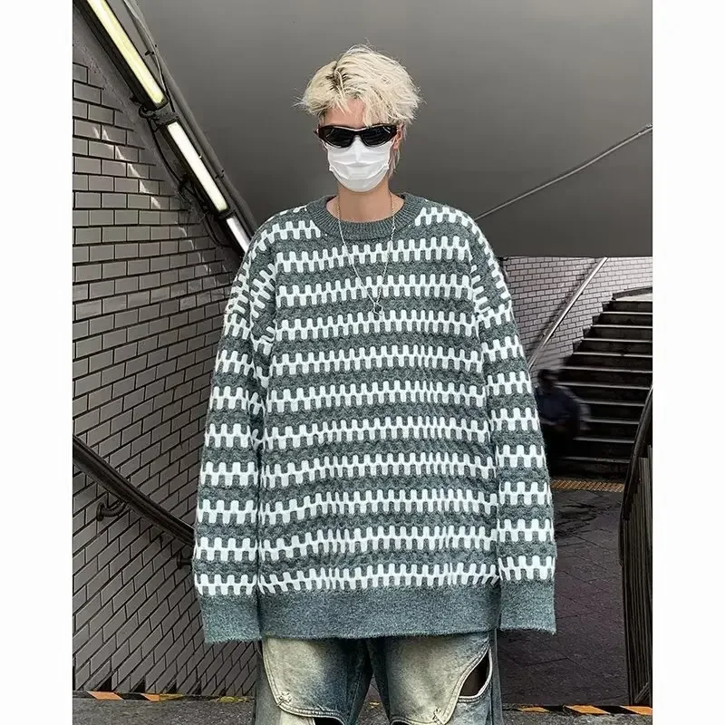 Полосатый свитер мужской повседневный винтажный вязаный топ в японском стиле с