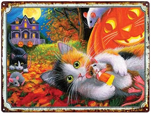 

Милый Кот металлический знак большой алюминиевый жестяной знак винтажный Хэллоуин тыква Джек О фонарь мужская пещера подарок, металлическ...