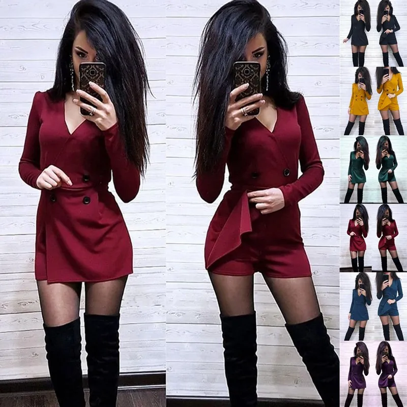 

Solid V-neck Long Sleeve Women's Playsuit Front Split Double-breasted Wide Leg Short Jumpsuit Women Summer Skinny Casual Romper