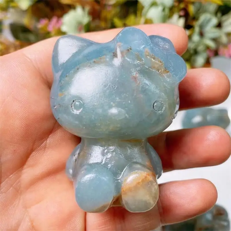 

Natural Blue Onyx Cartoon KT Cat Crystal Carved Healing Cute Animal Crafts Christmas Children Gift For Home Decor 1pcs