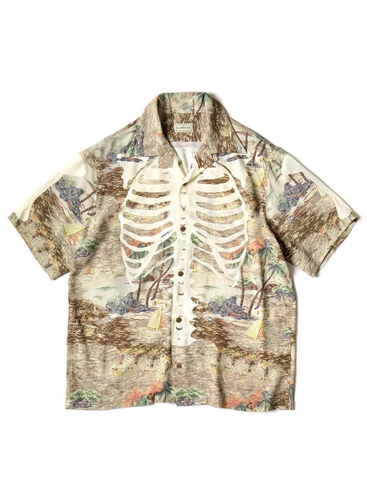

Bone Hawaiian Print Cuban Neck Short Sleeve Shirt Kapital Japan Style Casual shirts Unisex shirts men's clothing y2k clothes