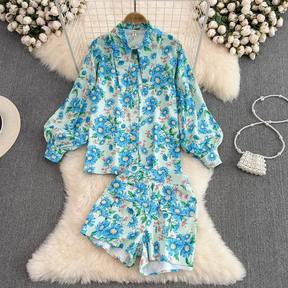 

VANOVICH Fashion Women's Vintage Lantern Sleeves Polo Collar Loose Print Shirt High Waist Thin Wide Leg Short Pant Two-piece Set