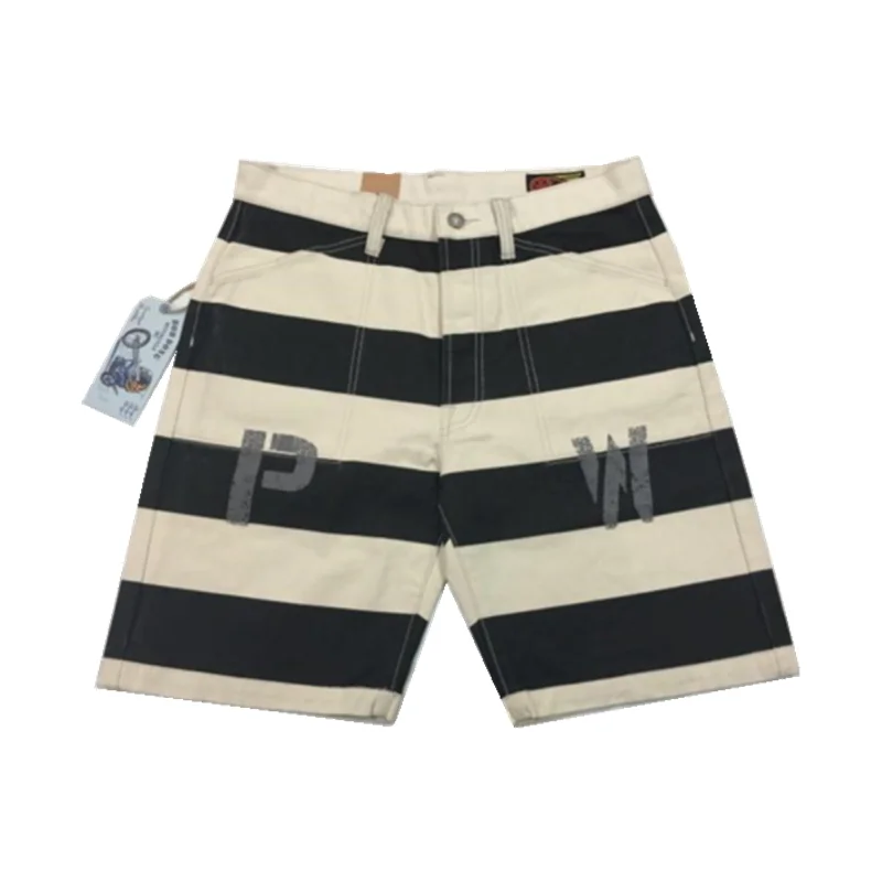 

BOB DONG Prisoner of War Print Shorts 16oz Canvas Black White Stripes Men Pants