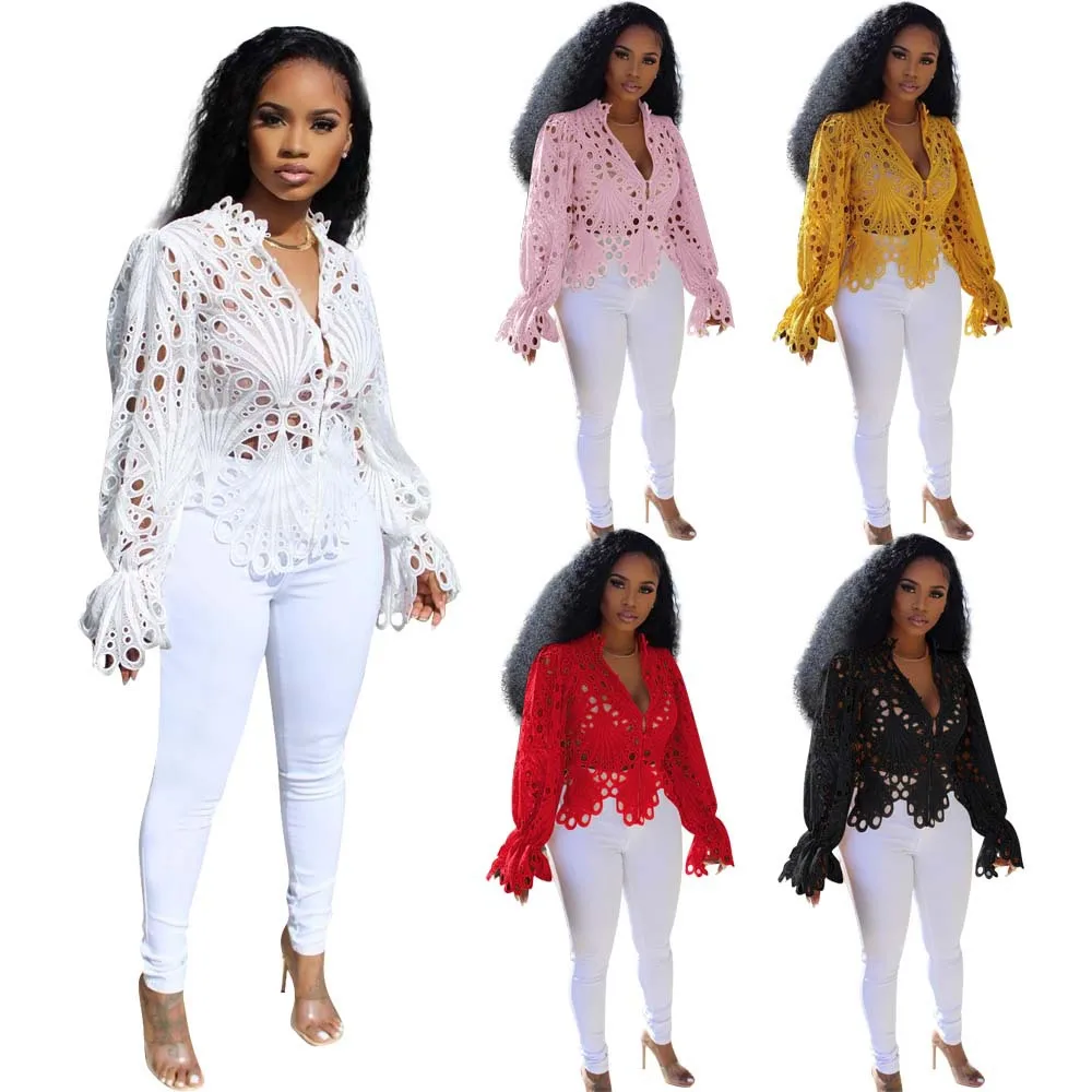 

Summer Streetwear Women White Lace V Neck Hollow Out T-Shirts Long Sleeve Blouse Eyelet Embroidery Button Front Bell Sleeve Tops