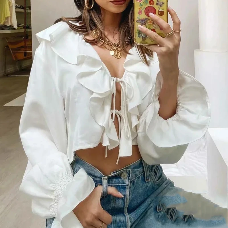 

V-neck Lace-up White Lace-up Trumpet Sleeve Long-sleeved Top Summer Spring Hedging Ruffled Temperament Beach New Top Crop Top