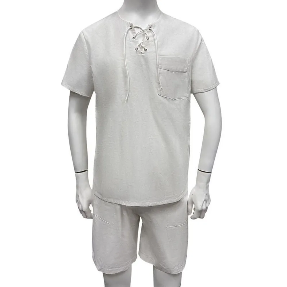 Летняя одежда для мужчин пляжная из льняного волокна комплект 2 предметов