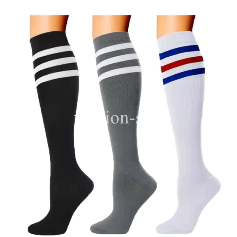 

3 Pairs Compression Socks Football Soccer Stocking Black White Stripe Compression Socks Sport Socks Running Knee High Medias