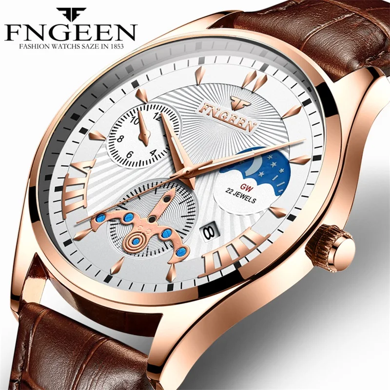 

FNGEEN Mens Watches Top Luxury Brand Waterproof Sport Wrist Watch Chronograph Quartz Military Genuine Leather Relogio Masculino