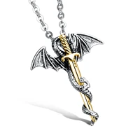 hip men rock fashion wing dragon gold sword men titanium steel necklace