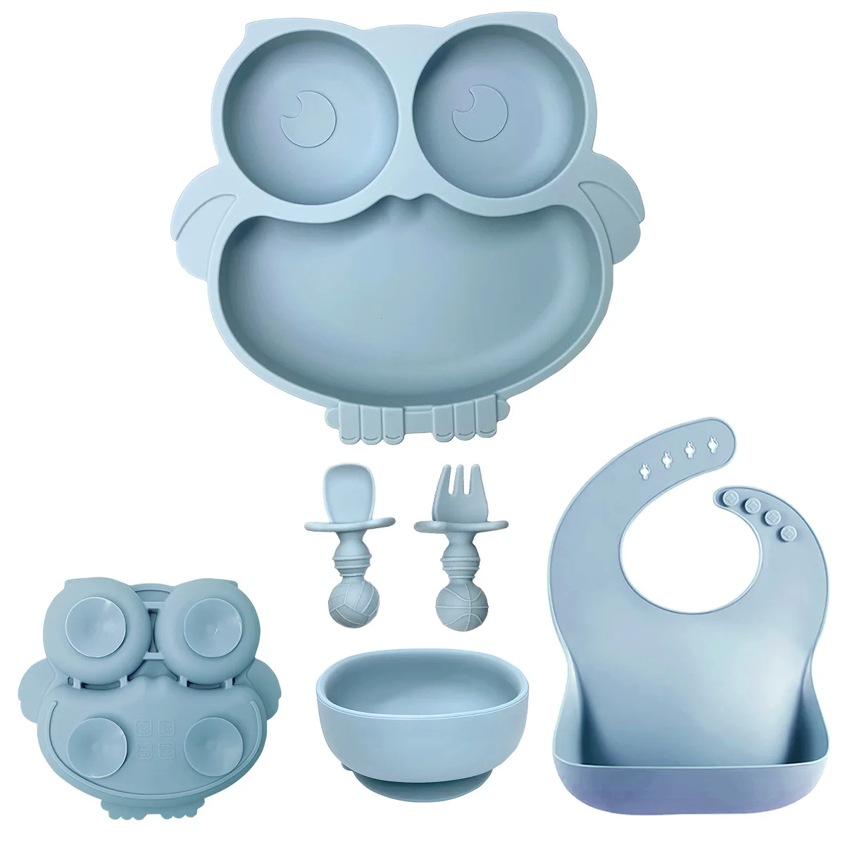 Owl Style 5 PCS Baby Soft Silicone Feeding Set Sucker Bowl Silicone Dishes Plate For Baby Cup Bibs Spoon Fork Tableware