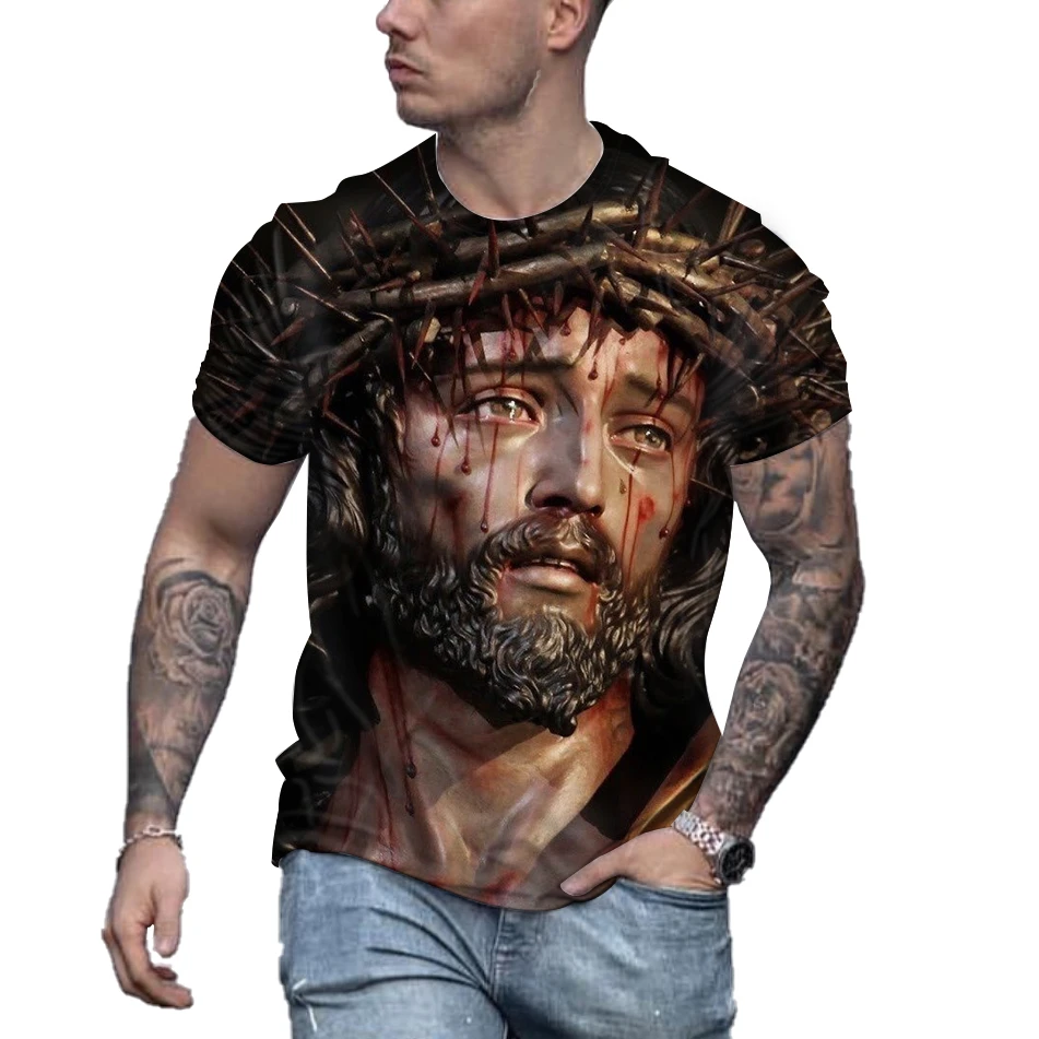 

Summer 2022 Harajuku Men's Jesus 3D Printed T Shirt Crew Neck Short Sleeve Oversized Casual Quick Dry Standard Size