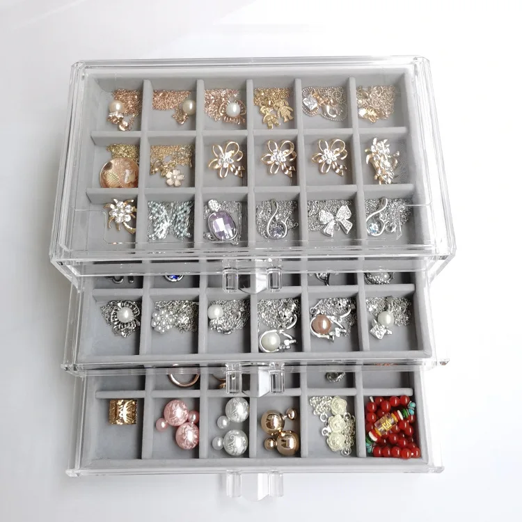 Acrylic Transparent Three-layer Drawer Jewelry Flannel Storage Box Creative Drawer Jewelry Cosmetics Storage Box