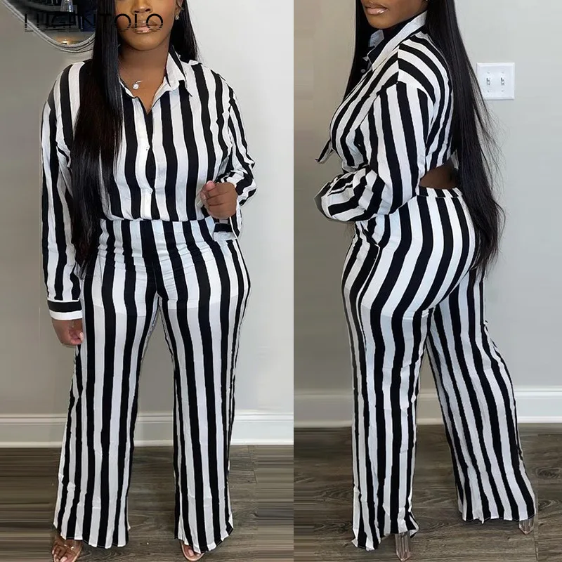 

Women Pant Sets Fashion 2 Piece Set Long Sleeve Single-breasted Lapel Shirts Top Straight Casual Trousers Stripe Long Pants