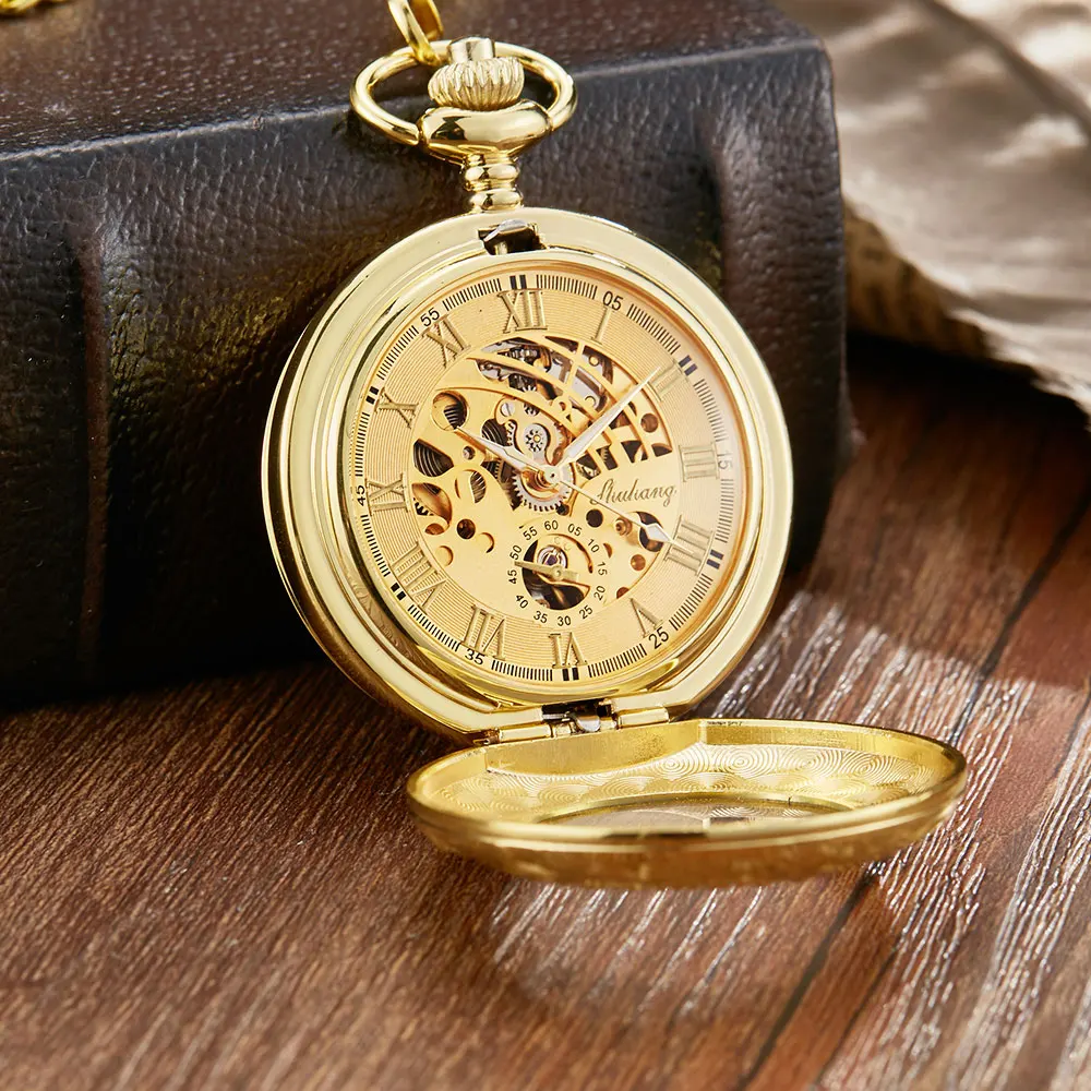 Luxury Gold Mechanical Pocket Watch Exquisite Carving Double Case Vintage Fob Chain Necklace Pendants Steampunk Hand Wind Watch