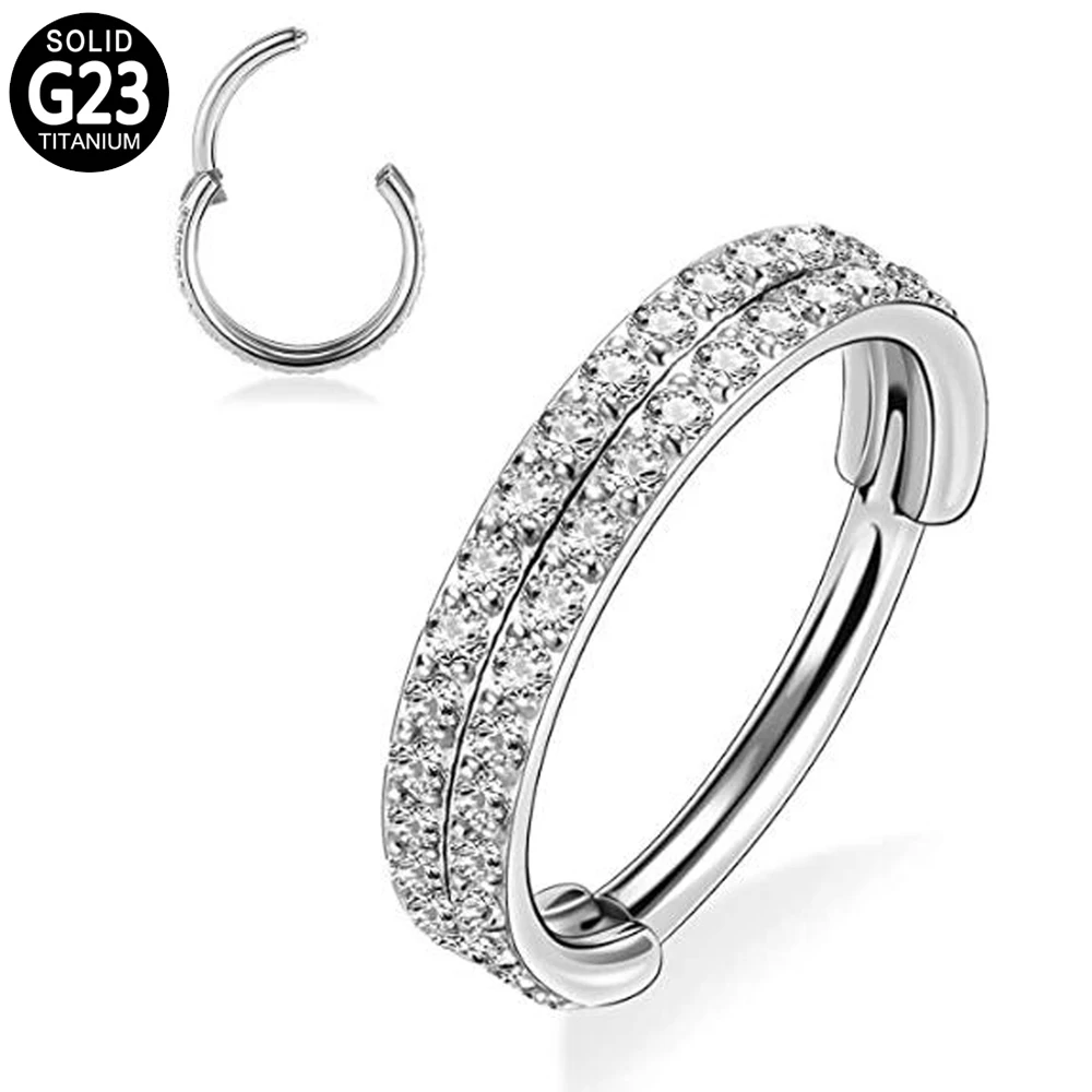 G23 Titanium Septum Clicker Nose Ring Double Stacked Cz Hinged Segment Labret Ear Tragus Cartilage Daith Helix Earring Piercing