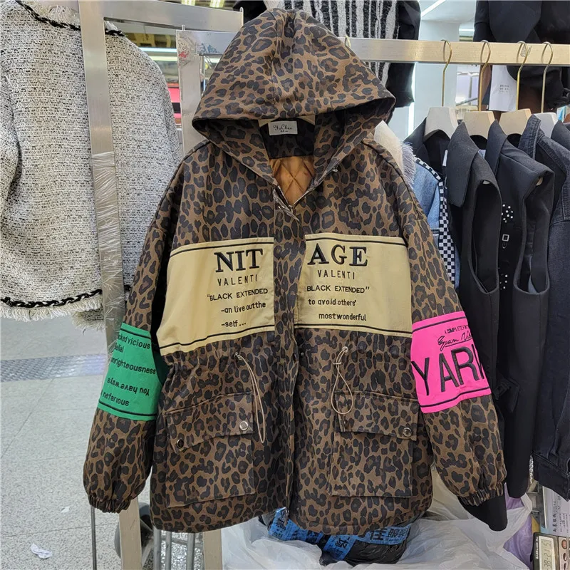 Vintage Leopard Print Oversize Thick Quilted Coat Women Spring Autumn Streetwear Loose Hooded Cotton Padded Jacket