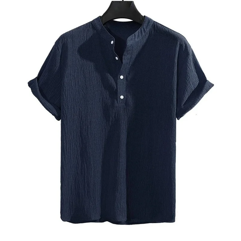 2022 Summer New Men's Cotton Hemp Short Sleeve Shirt Simple Solid Color Loose Men's Shirt Stand Collar Camisa