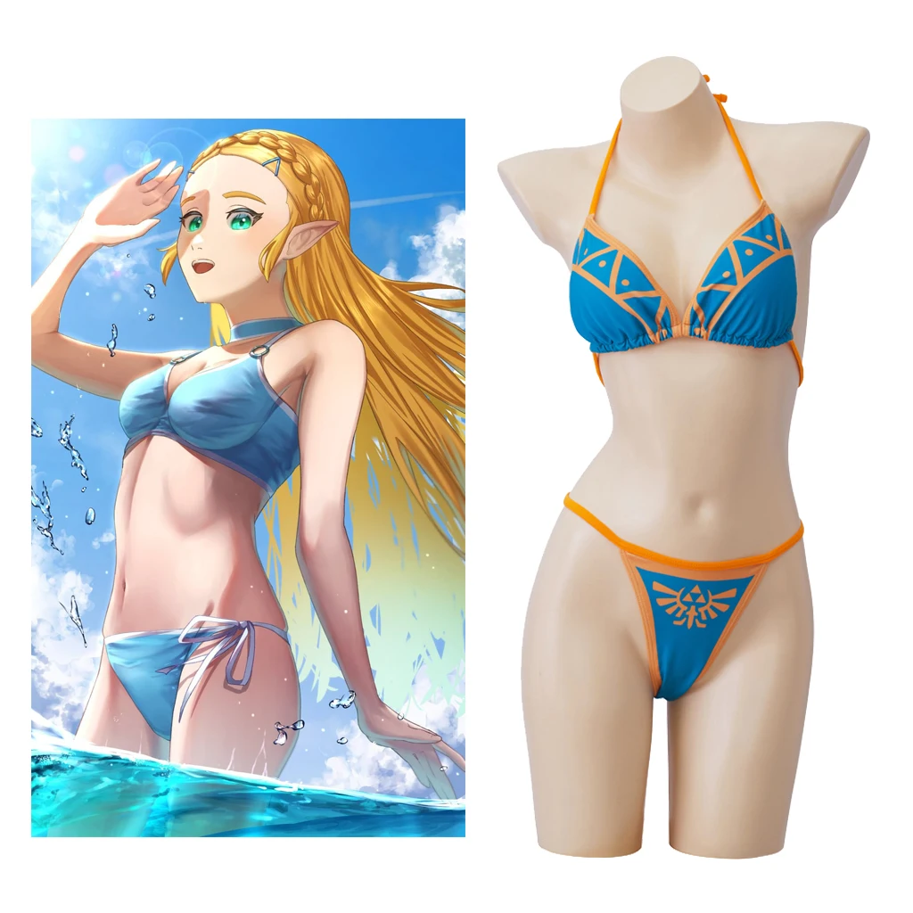 

Game Breath The Wild Cosplay Princess Swimsuit Costume Sexy Blue Bikini Costume Outfits Halloween Carnival Suit For Women
