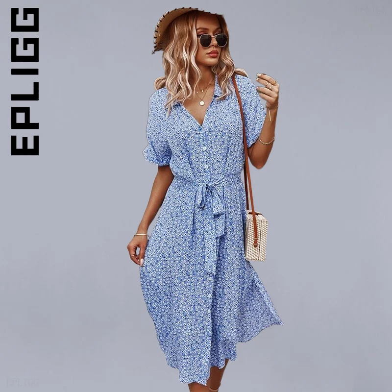 

Epligg Fashion Dress Women Short Sleeve Button Holiday Midi Dresses Outfits Lazy Slim Vestidos Dress Woman Female