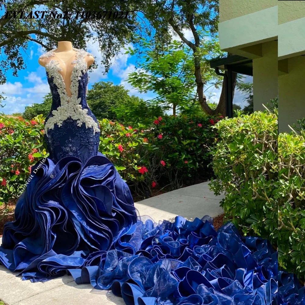 EVLAST индивидуальное африканское темно-синее платье русалки с оборками для